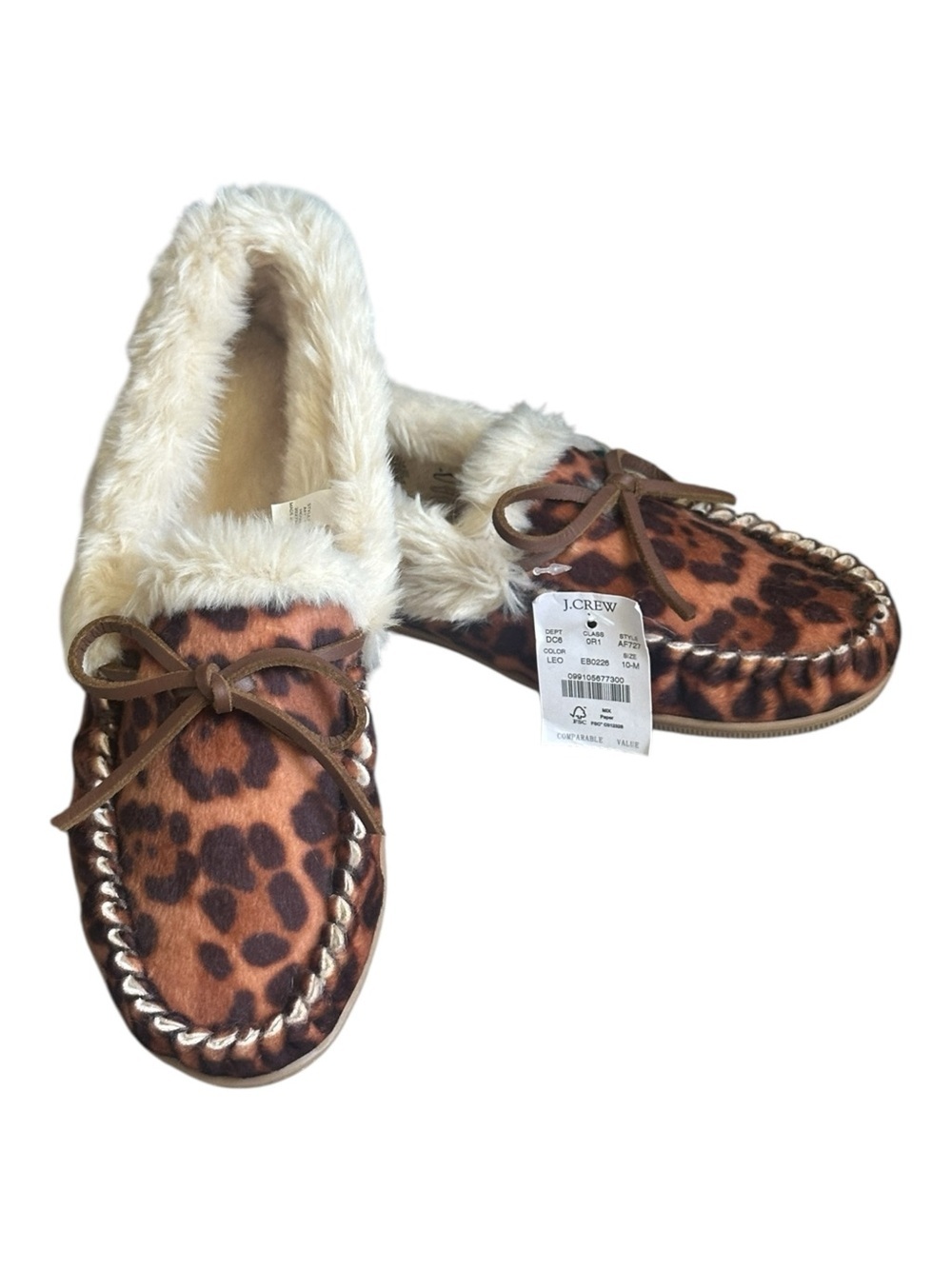 J.Crew Leopard Faux Fur Lined Moccasin Slippers Bow Shoes NWT Sz 10